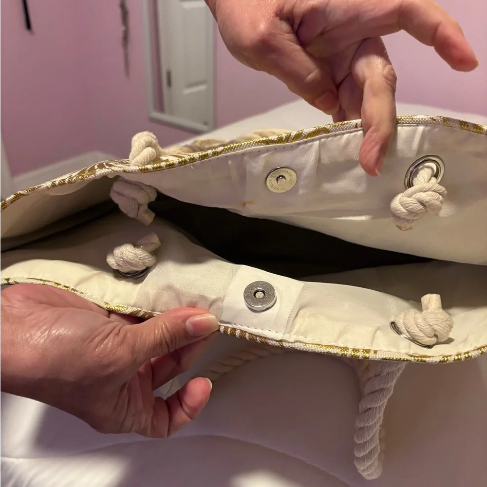 Tropical Leaf Print Tote Bag - Gold and Cream - Picture 3 of 3